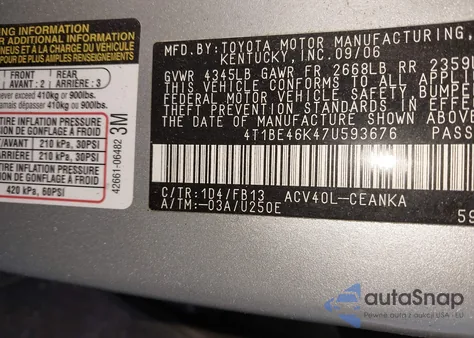 2007 Toyota Camry Le from USA, damaged, VIN 4T1BE46K47U593676
